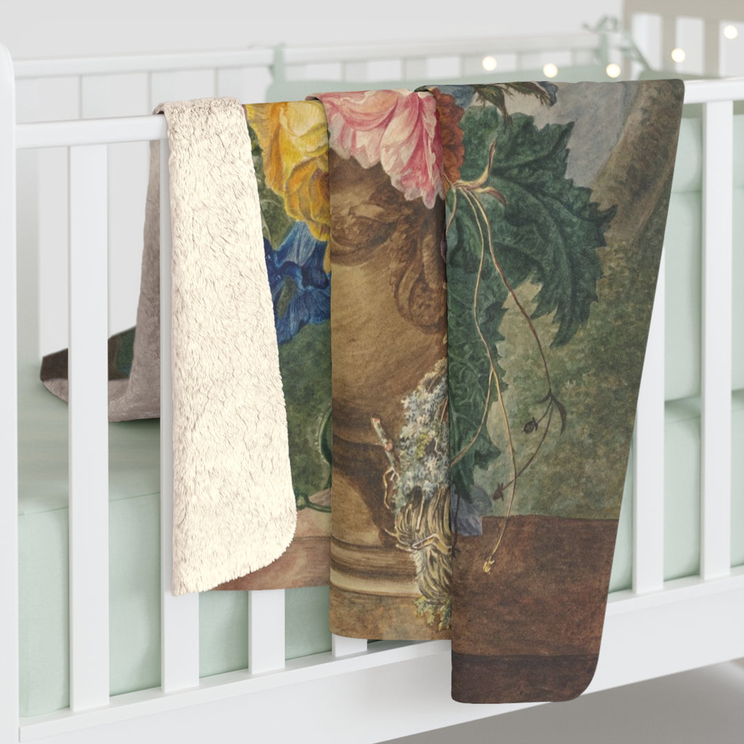Sherpa Fleece Blanket - Vintage Flowers with Bird's Nest