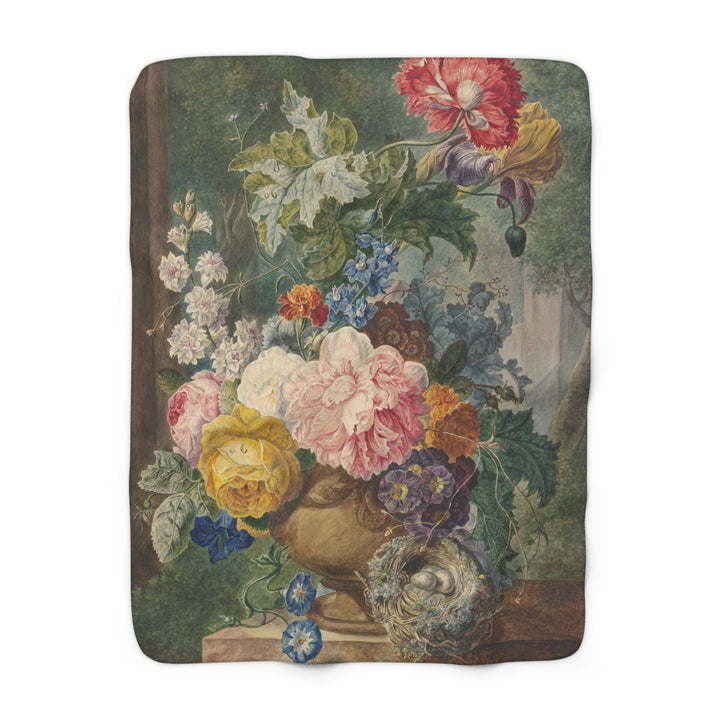 Sherpa Fleece Blanket - Vintage Flowers with Bird's Nest
