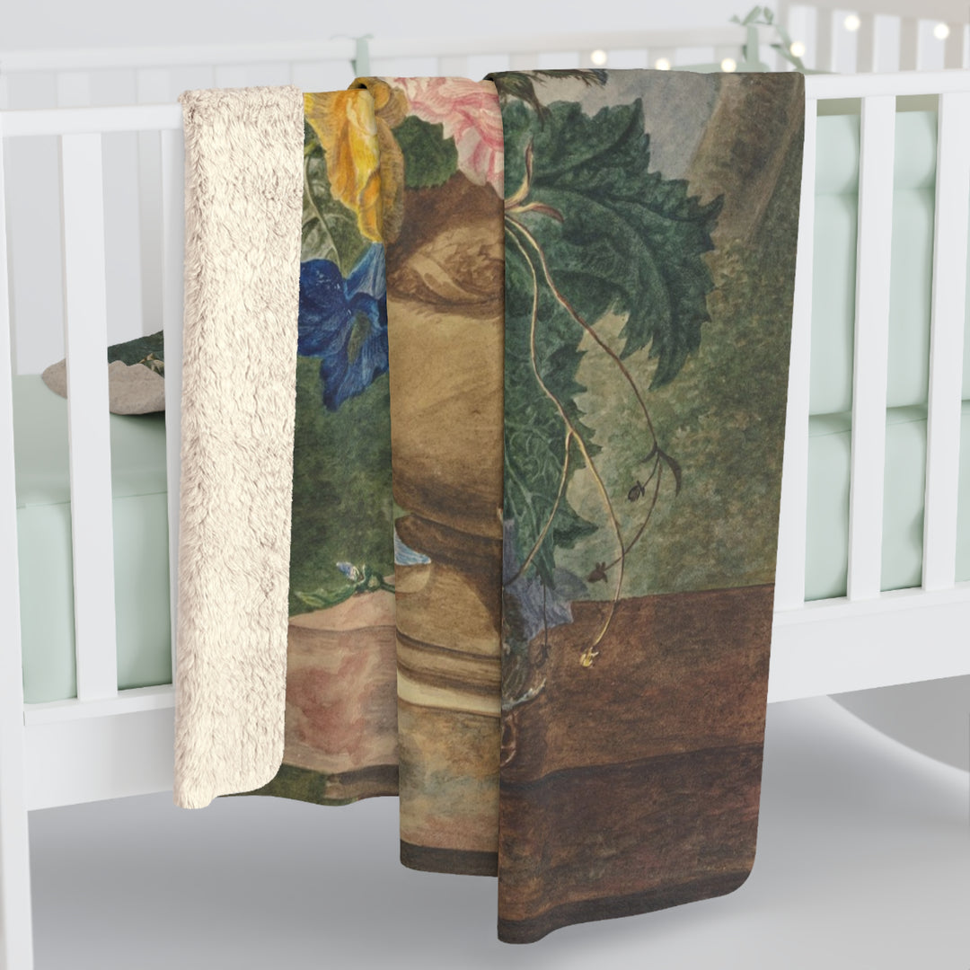 Sherpa Fleece Blanket - Vintage Flowers with Bird's Nest