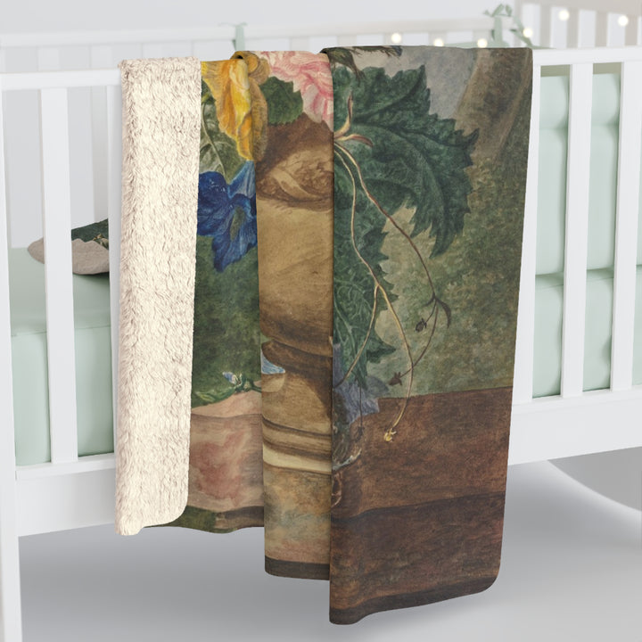 Sherpa Fleece Blanket - Vintage Flowers with Bird's Nest