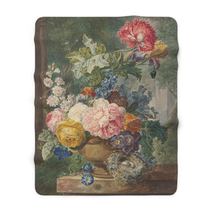 Sherpa Fleece Blanket - Vintage Flowers with Bird's Nest