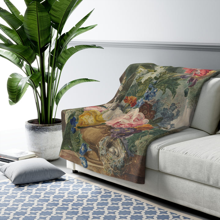 Sherpa Fleece Blanket - Vintage Flowers with Bird's Nest